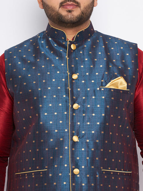 Vastramay Men's Plus Size Blue Zari Weaved Nehru Jacket With Curved Kurta Dhoti set